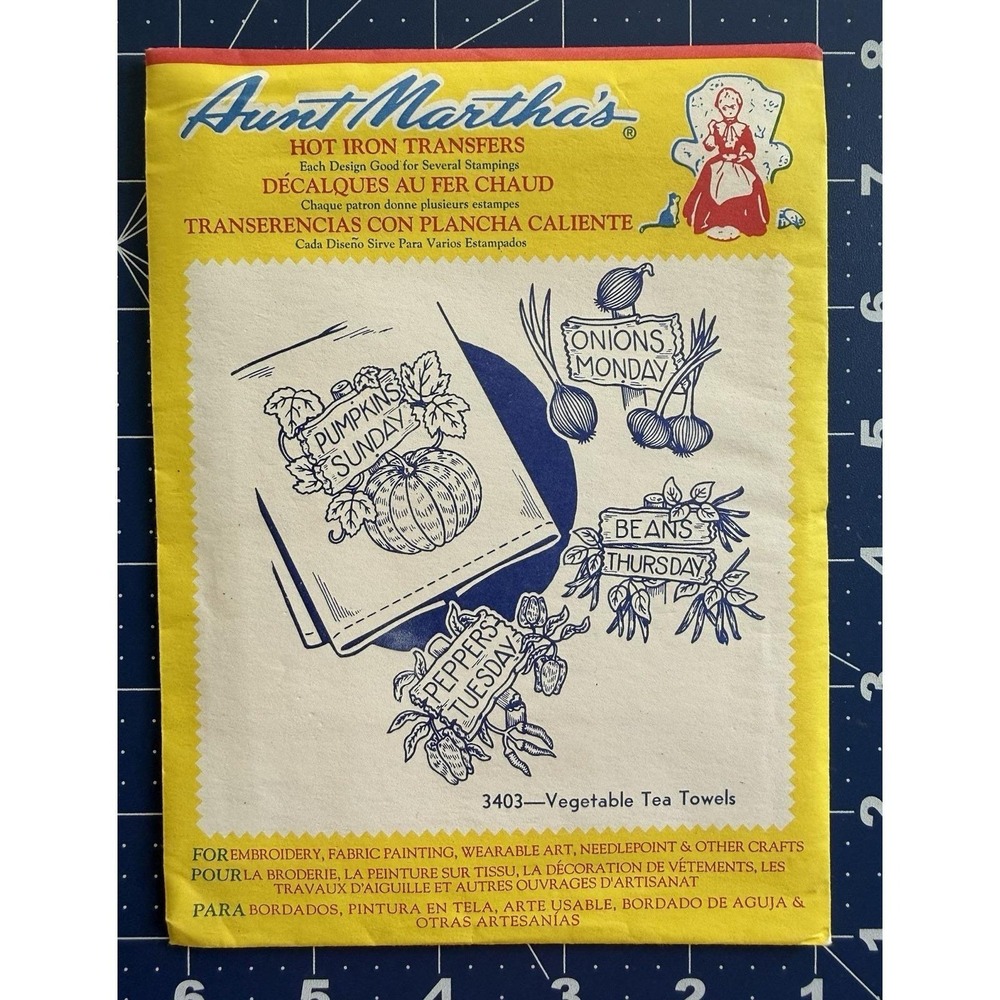 Aunt Martha's Hot Iron Embroidery Transfer Vegetable Tea Towels 3403